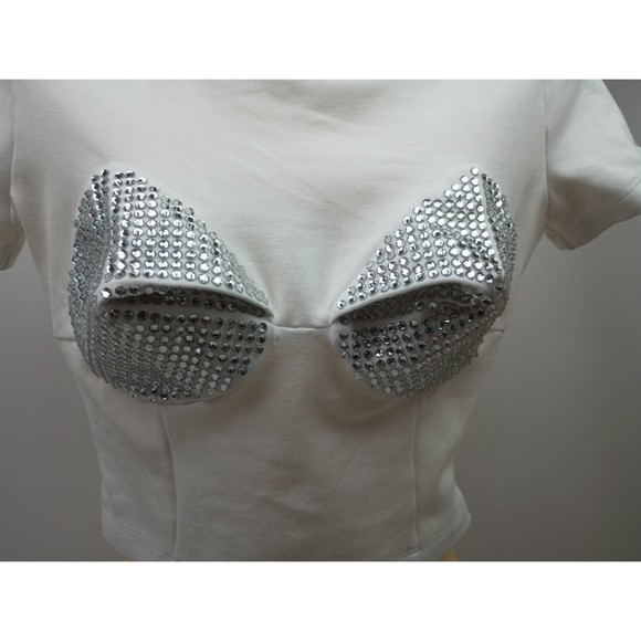 Area NYC Women's White Crystal Pyramid Cup Short Sleeve T-Shirt Size XS - Picture 6 of 10